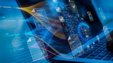 Grafik mit Dashboard und grafischen Elementen zu KI und Software