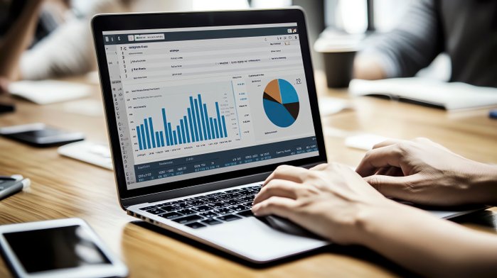 Foto SAP Finance mit Laptop und Analyse-Dashboard