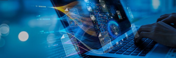 Grafik Laptop mit AI-Icons für Datenbank Security Check