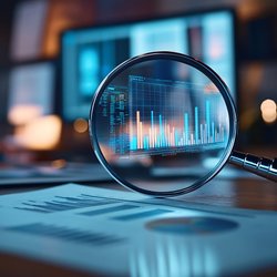 Foto Laptop mit Business-Dashboard-Ansichten und Lup