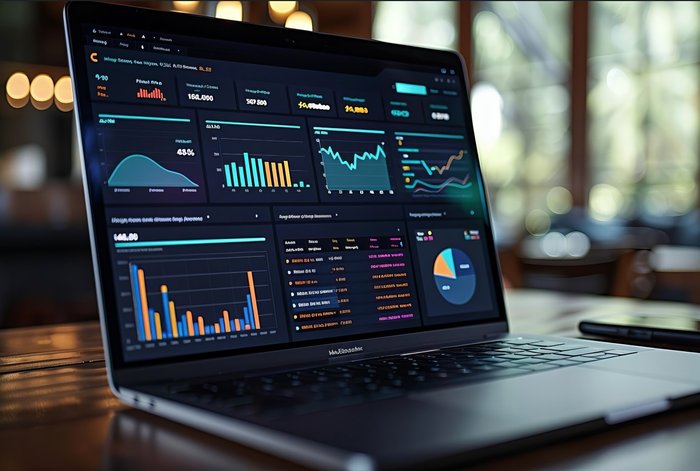 Laptop mit Tabellen und Analysen