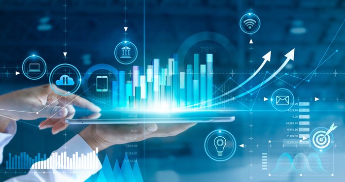 Grafik mit Tablet und Business-Diagrammen