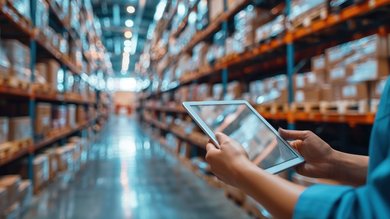 Lager mit Hochregalen und Tablet mit mobilen Apps
