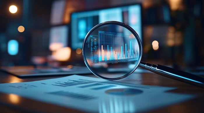 Foto Finanz-Analytics-Dashboard mit Lupe