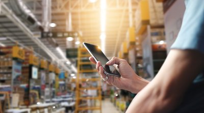 Lagerlogistik Mann vor Lagerkulisse mit Smartphone und mobilen Anwendungen