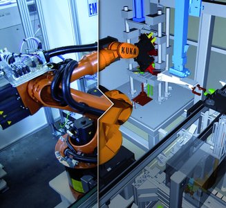 Virtuelle und reale Abbilder Ihrer Maschinen und Anlagen Roboterarm, jeweils zur Hälfte als reale Maschine und als digitaler Zwilling abgebildet