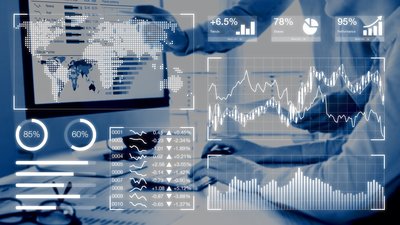 Vorteile für Ihr Unternehmen Monitoransicht Arbeitsplatz mit darüber gelegten Business-Diagrammansichten