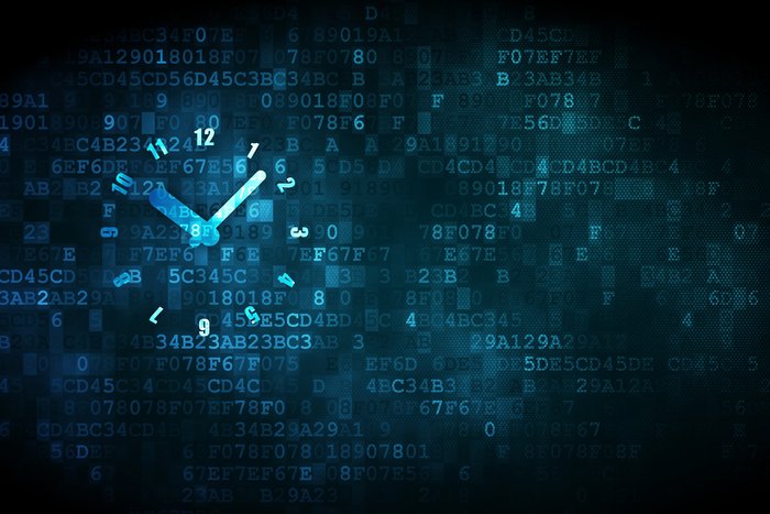 Headerbild: Zifferblatt Uhr vor digitalem Hintergrund