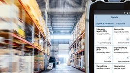 Handscanner mit Fiori-Apps im Dashboard vor Lagerkulisse mit Link zur Landingpage mobile Datenerfassung